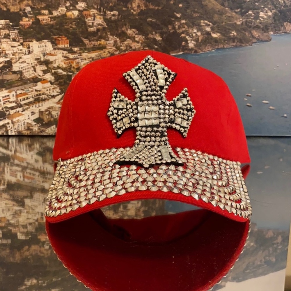 Red Studded Rhinestone Cross Hat - Picture 2 of 4